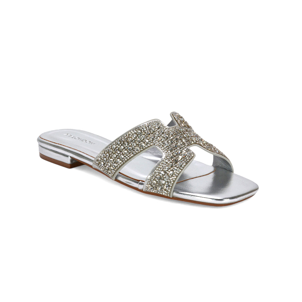 diamante summer sandals, comfortable flat sliders, ladies sparkly open toe slide sandals, silver holiday sandals, silver summer sandals