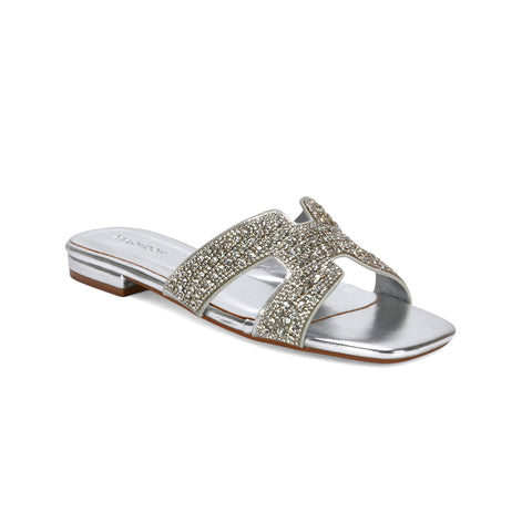 diamante summer sandals, comfortable flat sliders, ladies sparkly open toe slide sandals, silver holiday sandals, silver summer sandals