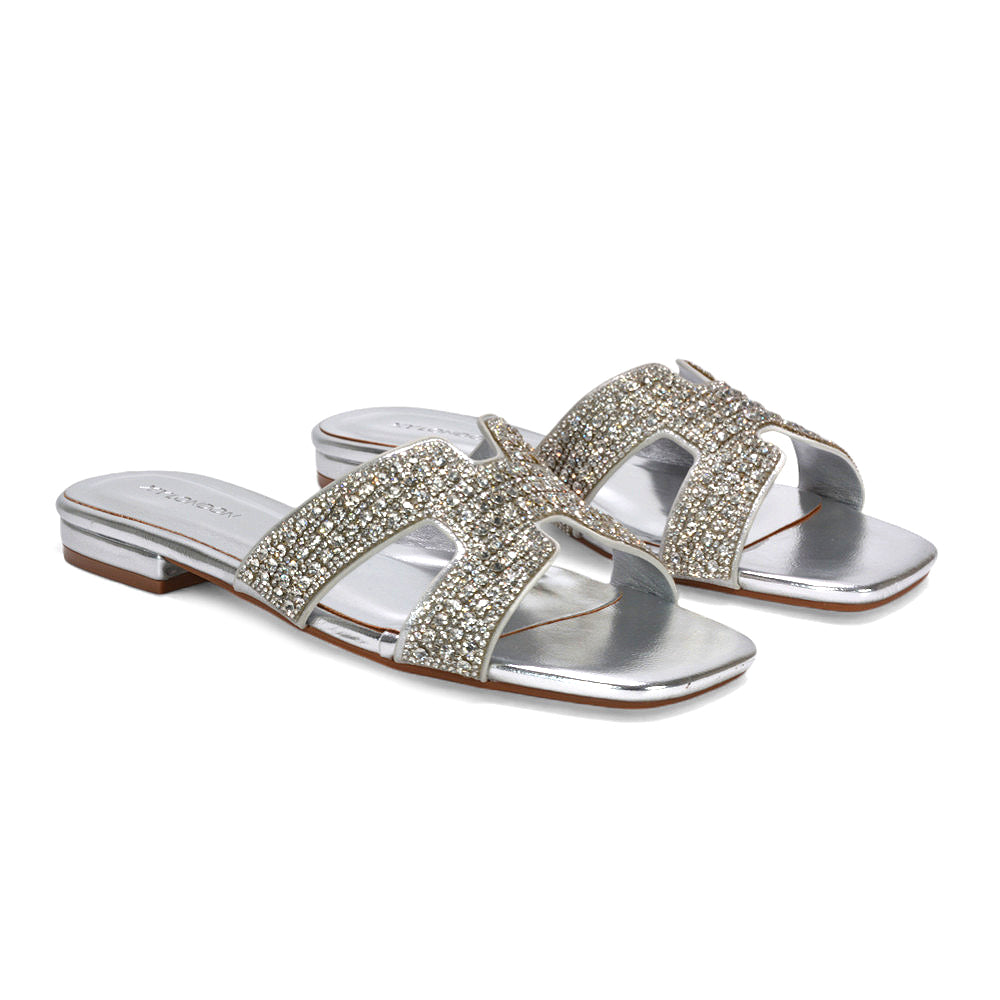 women’s diamante slider sandals, ladies flat summer sandals, women’s diamante slip on slider sandals for summer, silver sandals, silver flat sandals
