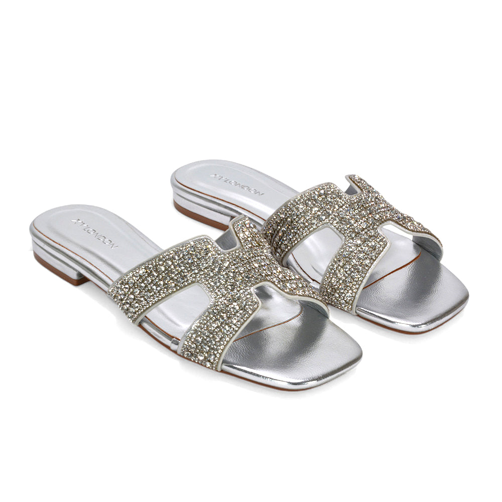 open toe slider sandals women, holiday sandals for women, stylish flat slider sandals with diamante strap, silver slip on sandals, silver diamante sandals