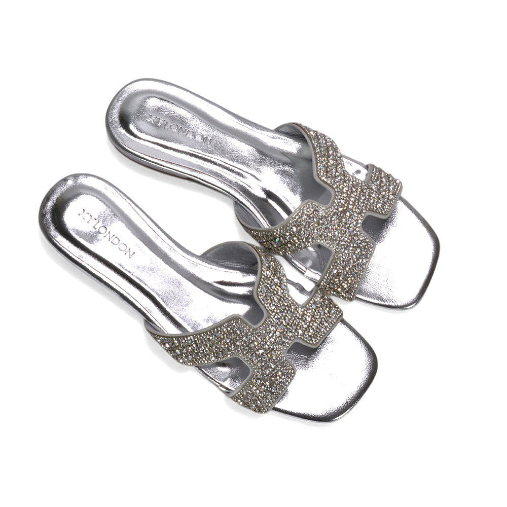 casual slip on sandals, embellished sandals women, holiday sandals, womens sandals, summer sandals, silver sparkly sandals, silver sparkly sliders