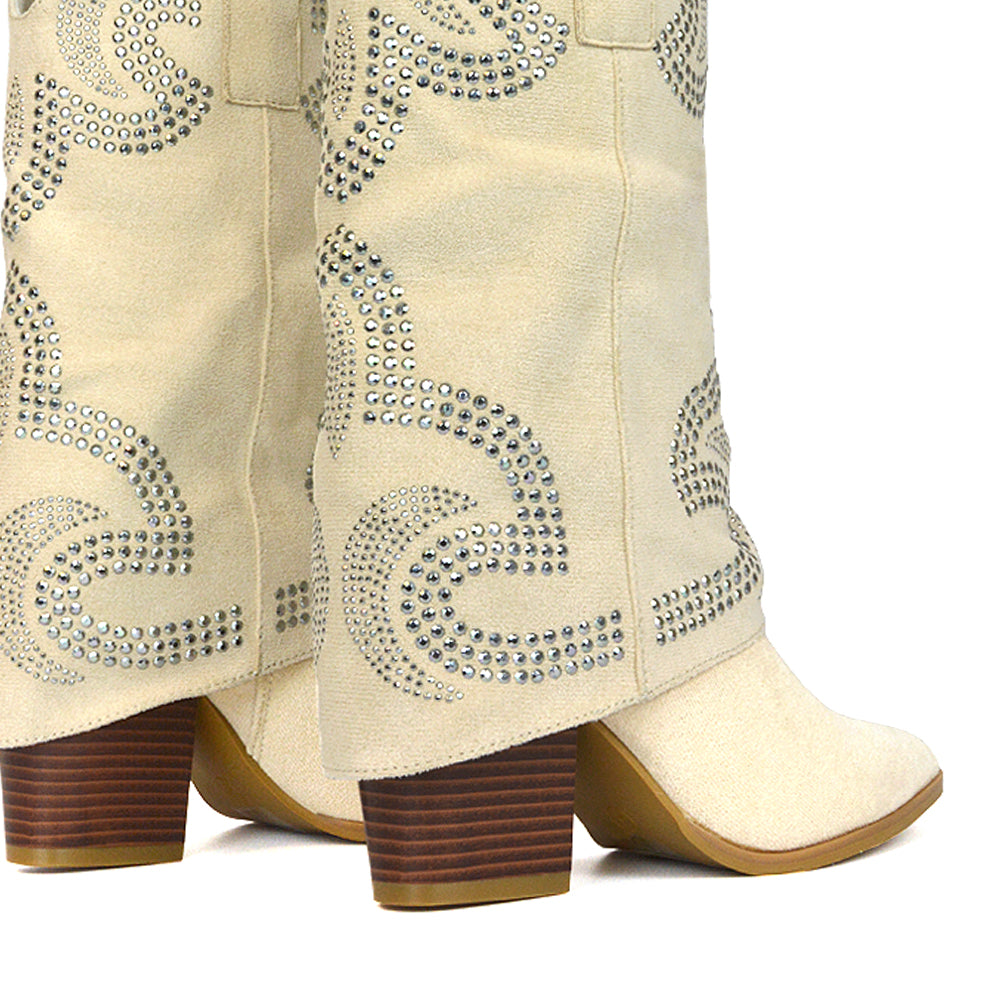 Diamante Boots, Beige Boots For Festivals, Beige Block High Heel Boots, Beige Boot Heels