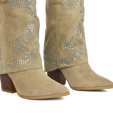 Taupe Boots For Spring, Taupe Pointed Toe Cowboy Boots, Taupe Slip On Boots, Taupe Fold Over Boots