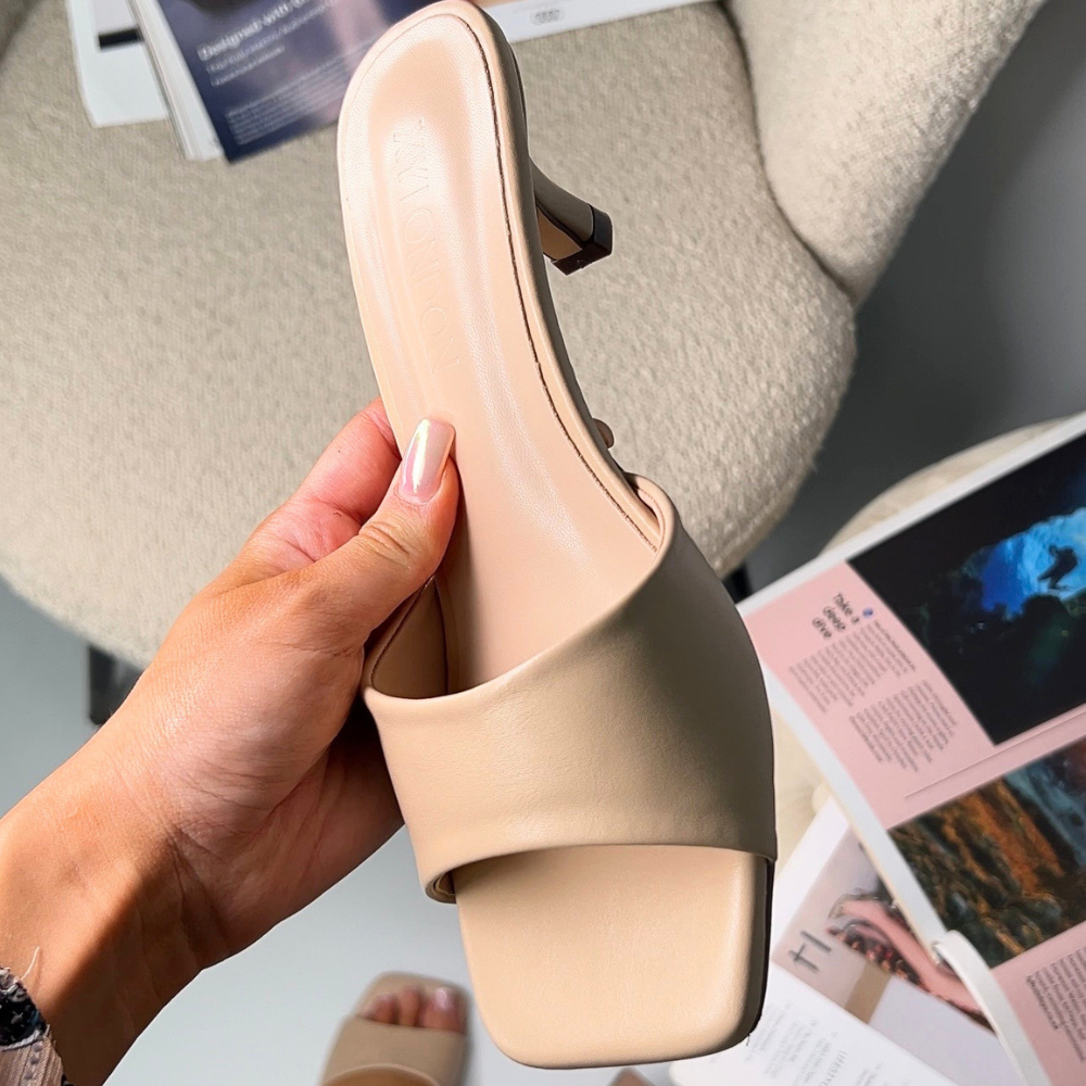 nude kitten heel square toe mule sandals