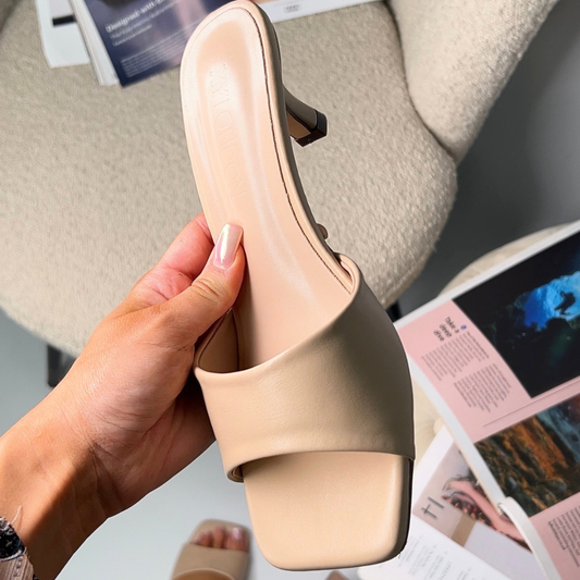 nude kitten heel square toe mule sandals