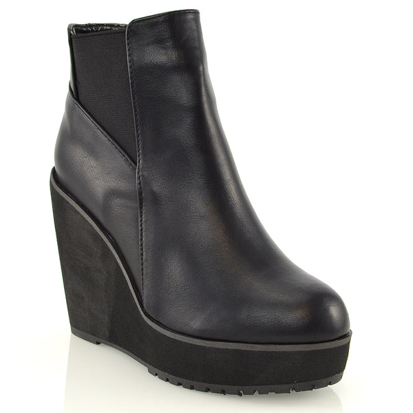 ROWEENA CHUNKY SOLE BIKER PLATFORM WEDGE HEEL ANKLE BOOTS SYNTHETIC LEATHER