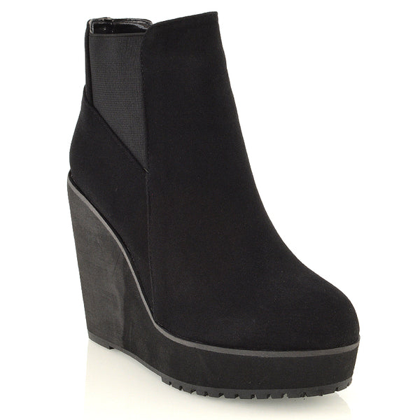 ROWEENA CHUNKY SOLE BIKER PLATFORM WEDGE HEEL ANKLE BOOTS FAUX SUEDE