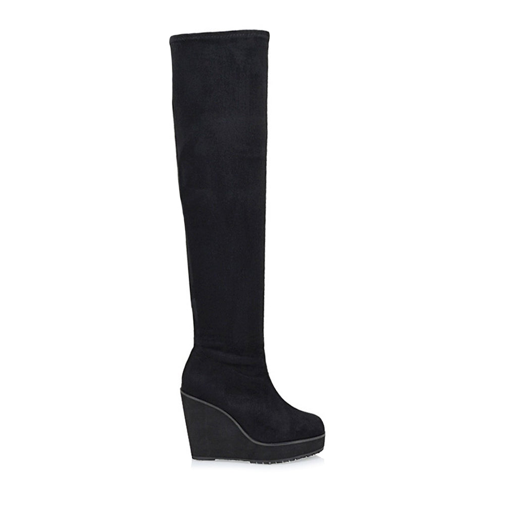 black knee high platform wedge boots