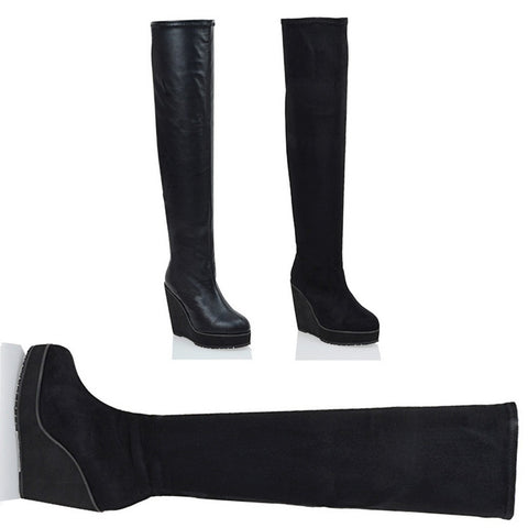 black long boots with wedge heel