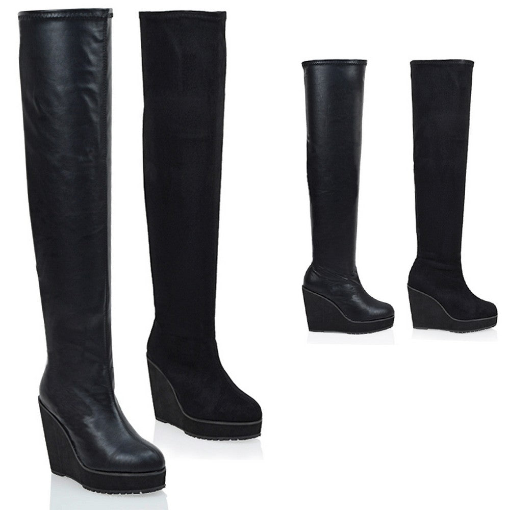 comfortable black knee high wedge boots