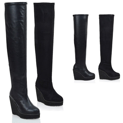 comfortable black knee high wedge boots