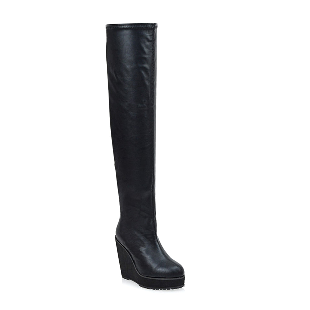 black knee high wedge boots for women