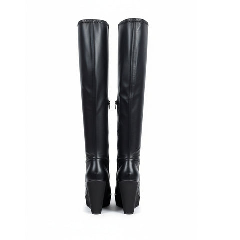 black leather knee high wedge boots