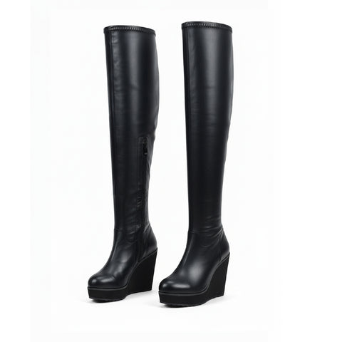 black tall wedge boots for women