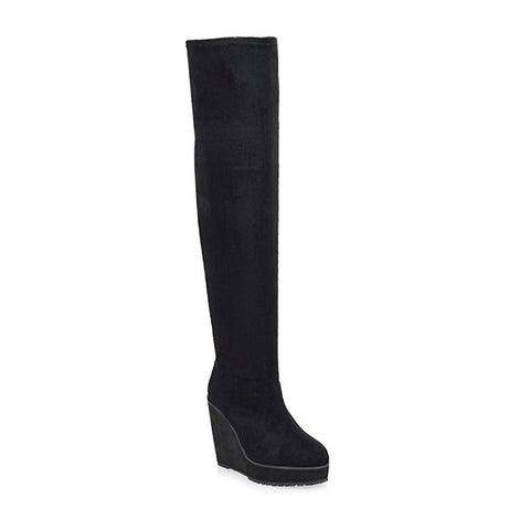 black knee high boots with wedge heel