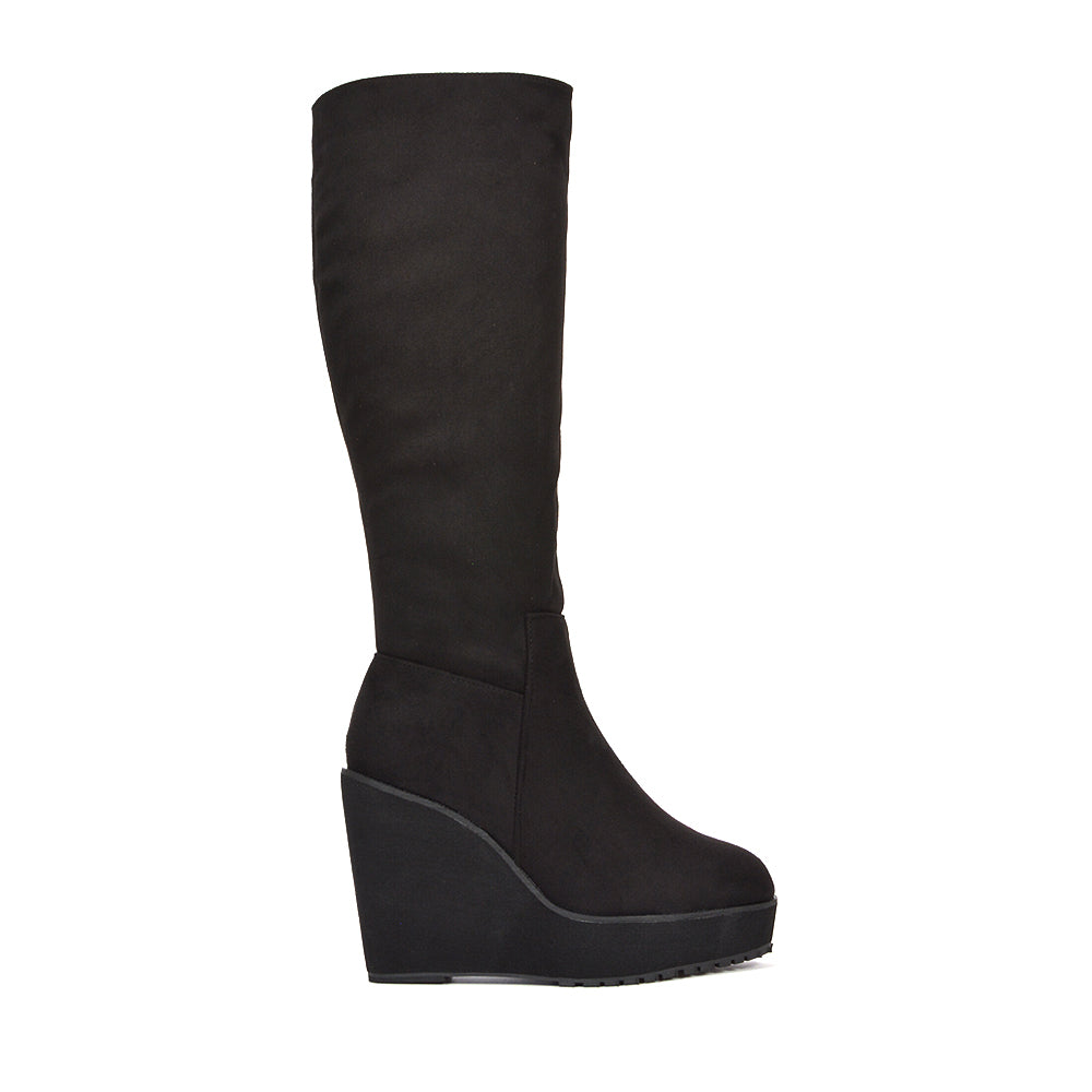 black faux suede platform knee high wedge boots