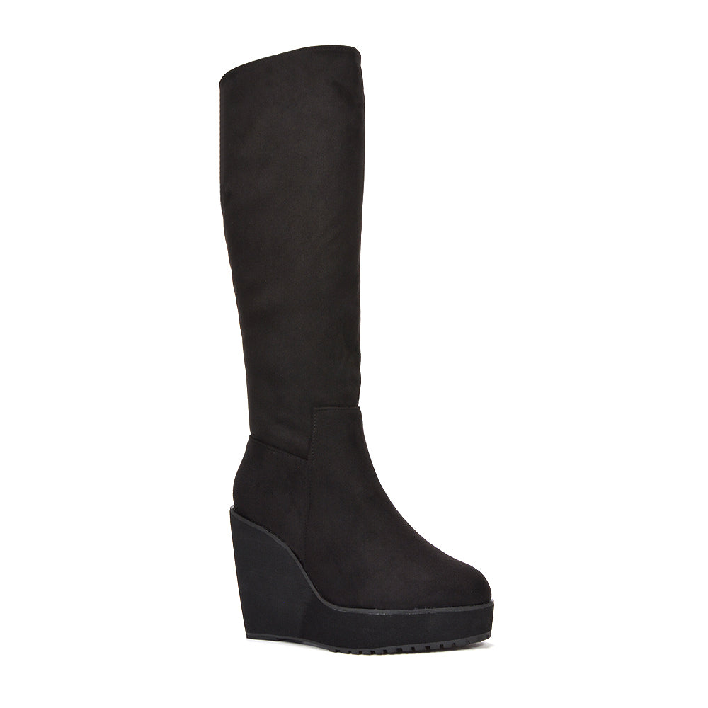 black knee high boots with chunky wedge heel
