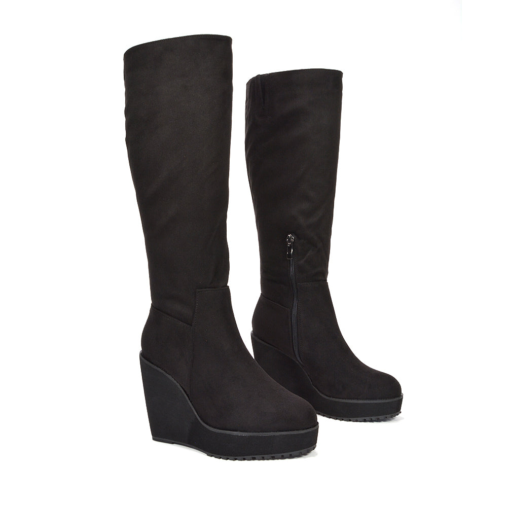 black knee high wedge heeled boots for women


