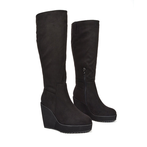 black knee high wedge heeled boots for women

