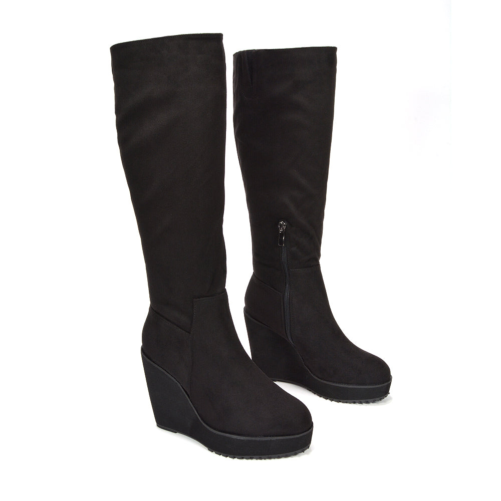 black knee high wedge boots for winter outfits