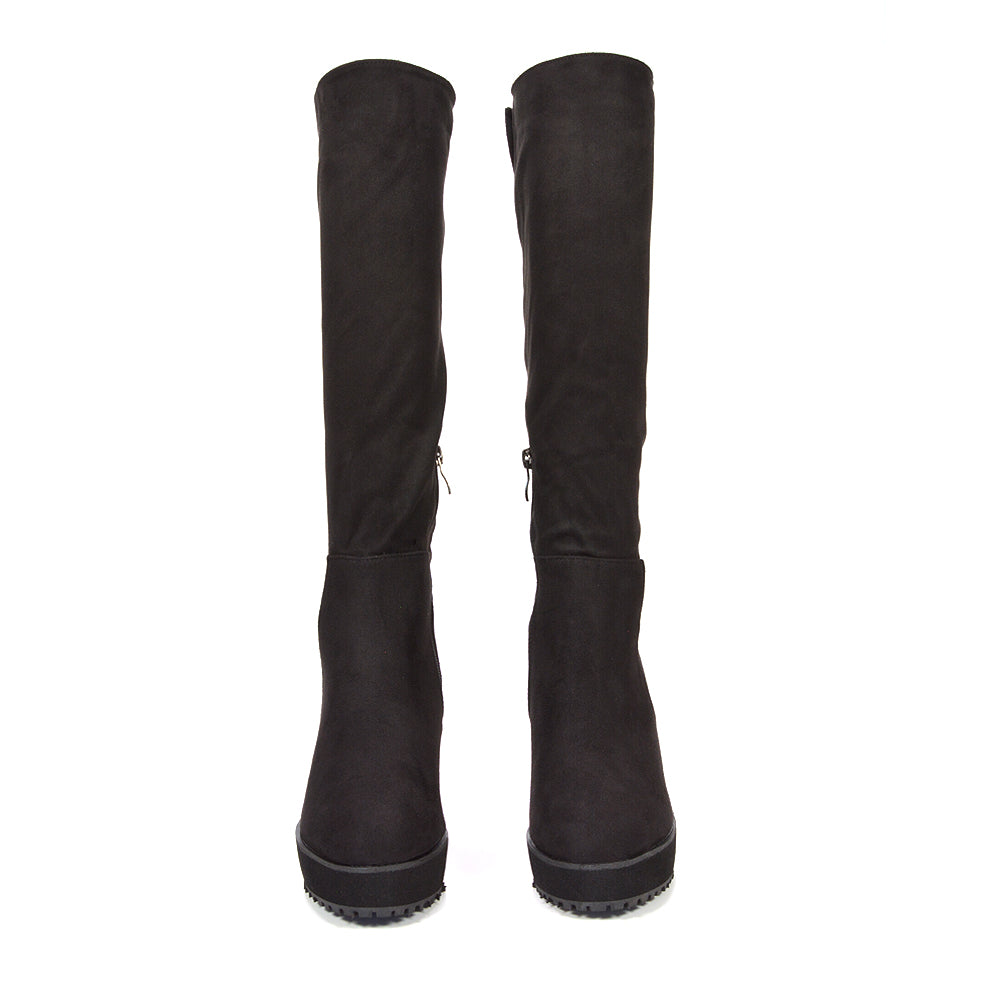 black faux suede platform boots with wedge heel