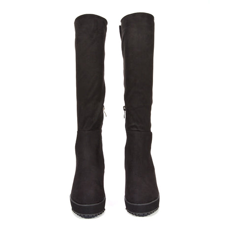 black faux suede platform boots with wedge heel