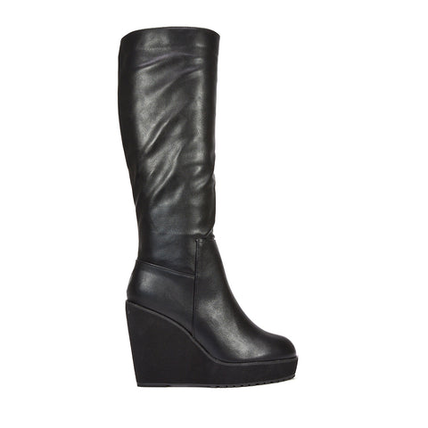 black leather platform knee high wedge boots