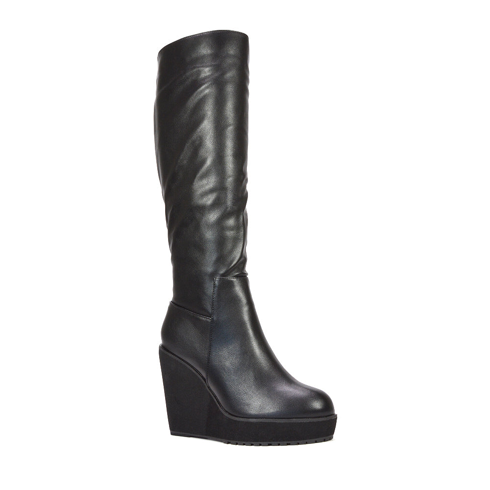 black knee high leather boots with comfortable wedge heel