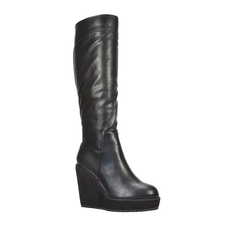 black knee high leather boots with comfortable wedge heel
