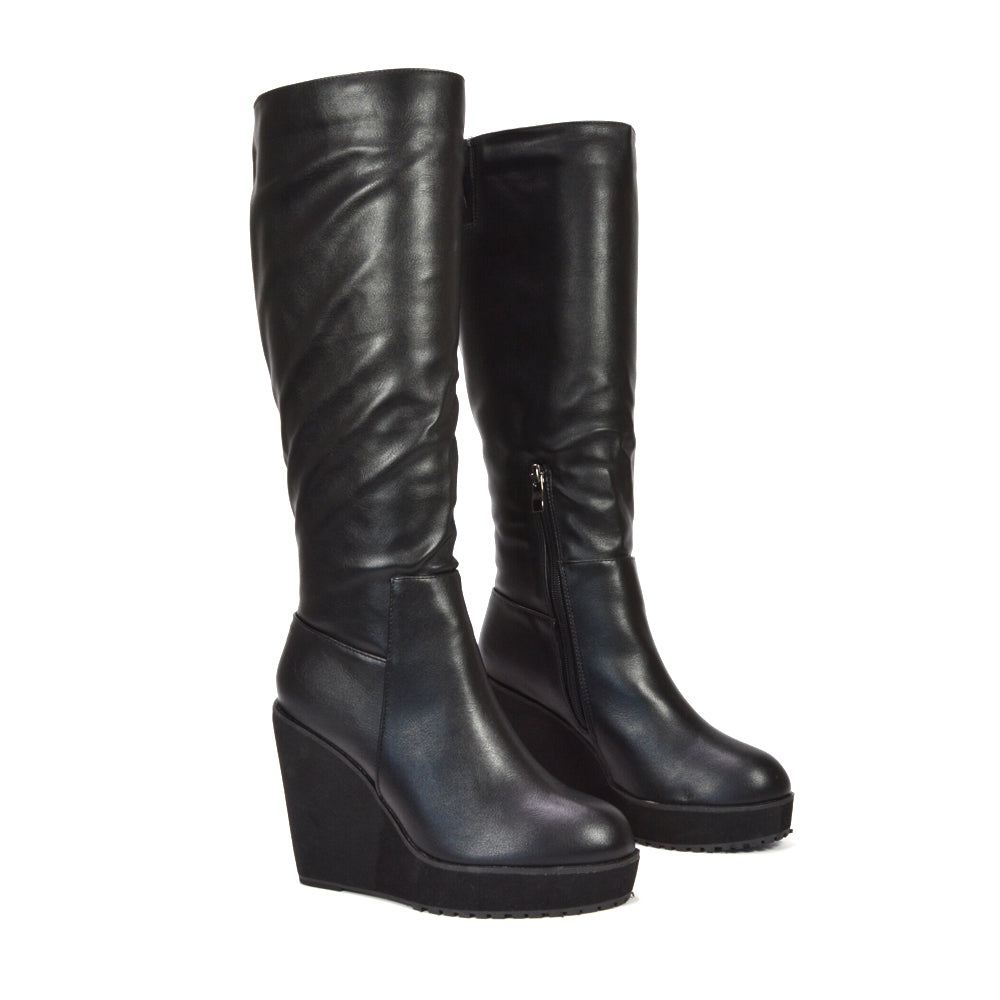 black leather platform knee high boots for women