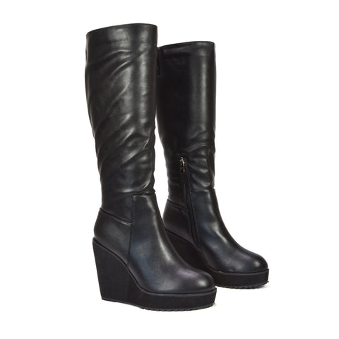 black leather platform knee high boots for women