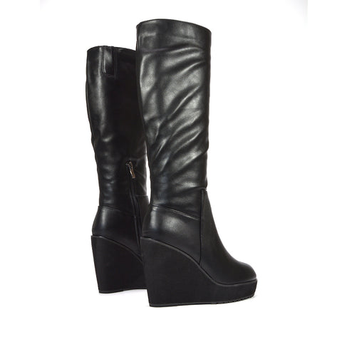 black knee high platform boots with chunky wedge heel