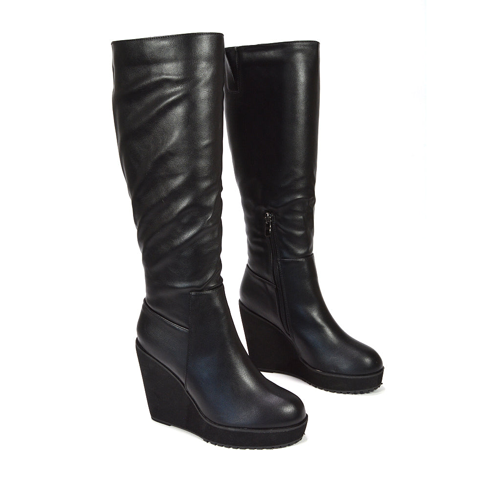 women’s black leather platform knee high boots