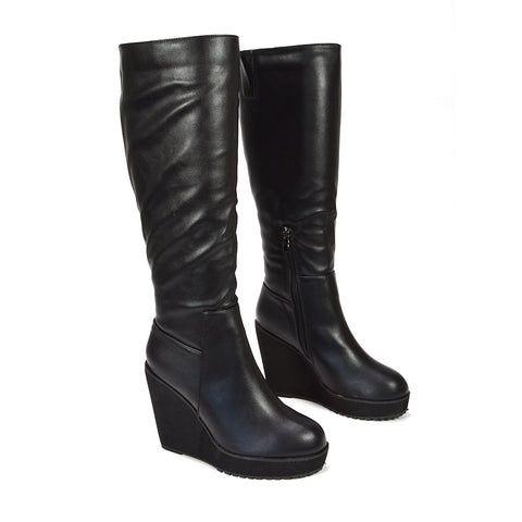 women’s black leather platform knee high boots
