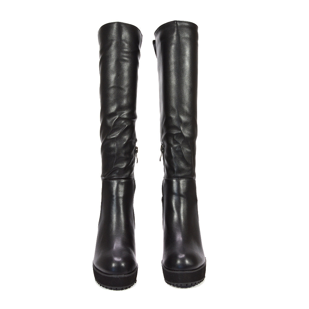 affordable black leather platform knee high boots