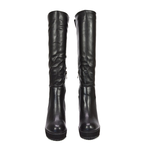affordable black leather platform knee high boots