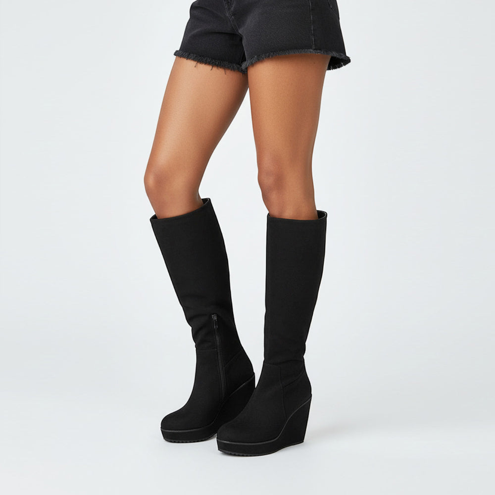 comfortable black knee high wedge boots