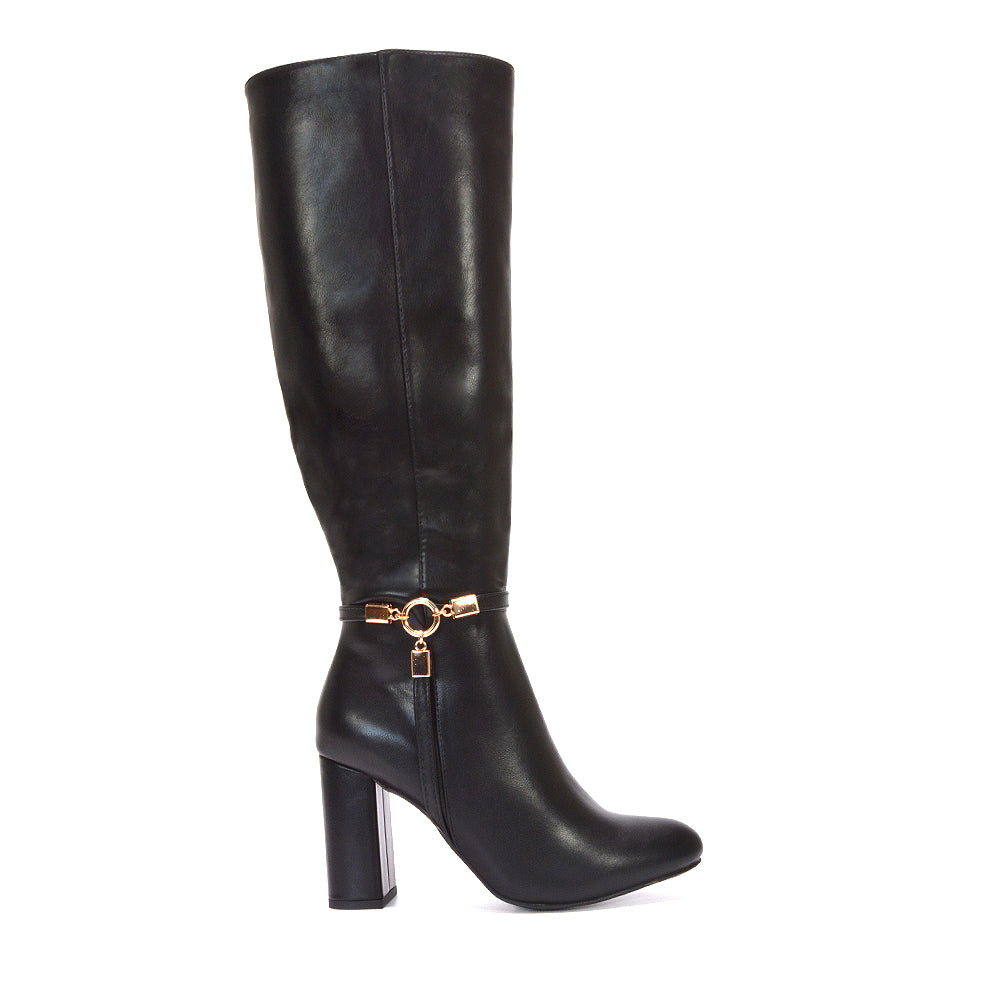 Date night boots for women, Affordable block heel fashion boots, Faux leather high heel boots, Tall black heeled boots