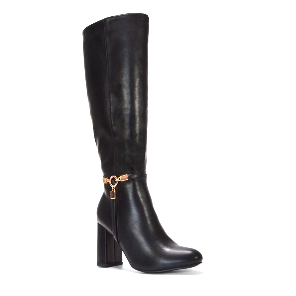 Black knee-high boots with chunky heel, Stylish black boots with chain accent, Elegant heeled boots for women, Dressy tall boots with square heel