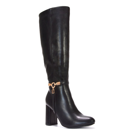 Black knee-high boots with chunky heel, Stylish black boots with chain accent, Elegant heeled boots for women, Dressy tall boots with square heel