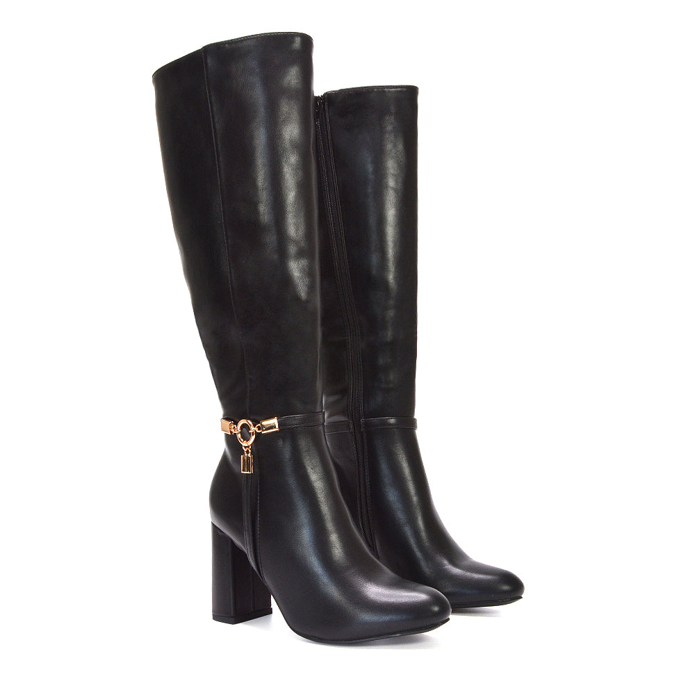 Black high heel knee boots, Women's PU leather block heel boots, Black high block heel knee-high boots for women, Dressy tall boots with square heel