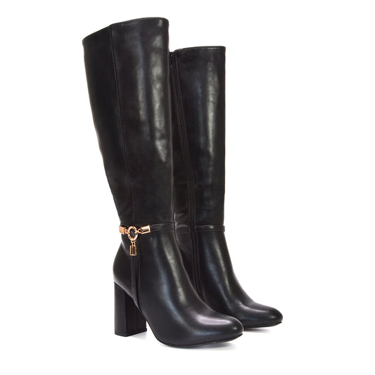 Black high heel knee boots, Women's PU leather block heel boots, Black high block heel knee-high boots for women, Dressy tall boots with square heel