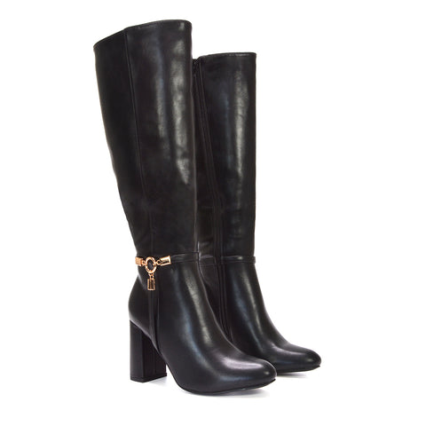 Black high heel knee boots, Women's PU leather block heel boots, Black high block heel knee-high boots for women, Dressy tall boots with square heel