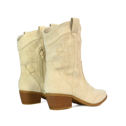 Beige Heeled Cowboy Boots, Nude Boots, Pointed Toe Boots, Cowboy boots For Concerts, Beige Block Heel Ankle Boots