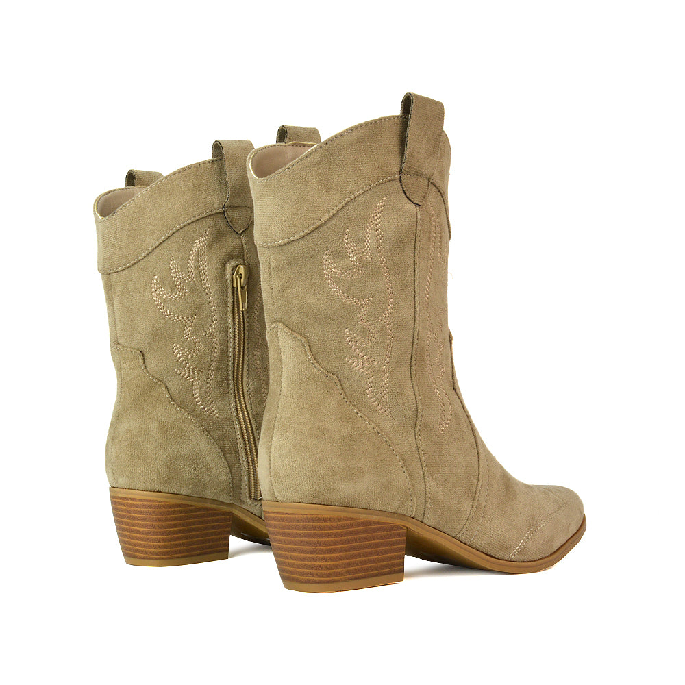 Taupe Heeled Cowboy Boots, Nude Boots, Pointed Toe Boots, Cowboy boots For Concerts, Taupe Block Heel Ankle Boots