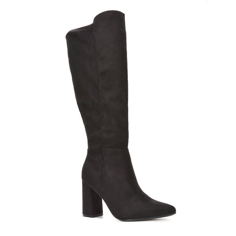 suede boots, high heel knee boots, women’s heeled knee boots for winter outfits, stylish boots for date night, sleek silhouette high boots, trending tall boots for women, black block heel boots, stylish black tall boots with block heel, black heeled boots for evening outings, black tall boots fall fashion trend