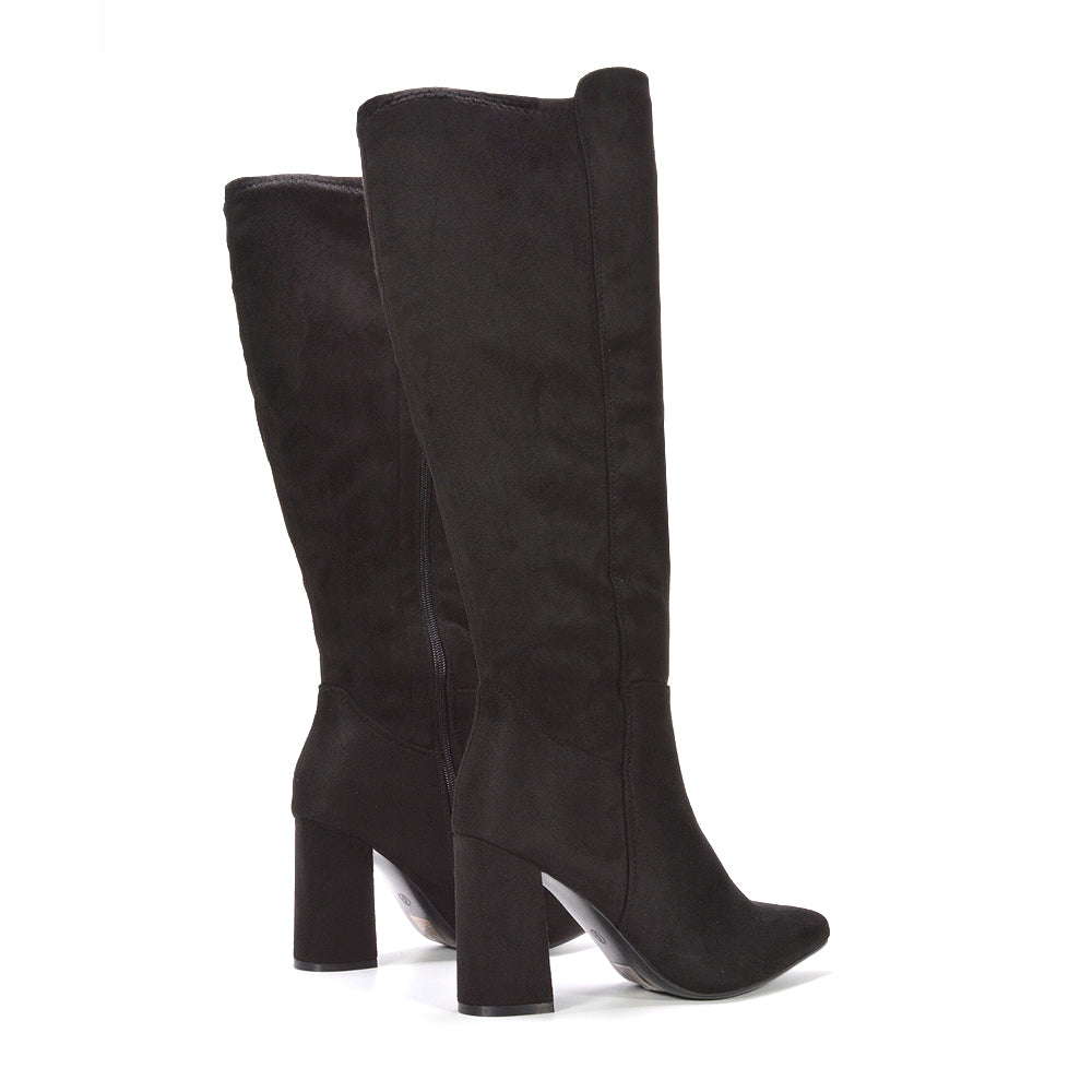 heeled long boots for women, dressy high boots for work and evening wear, everyday heeled boots for smart casual outfits, soft lining winter boots, fall fashion heeled boots, classic black heeled boots, black faux leather long boots for chic look,  black boots for winter and fall fashion, jet black block heel boots, classic black knee boots for winter wardrobe