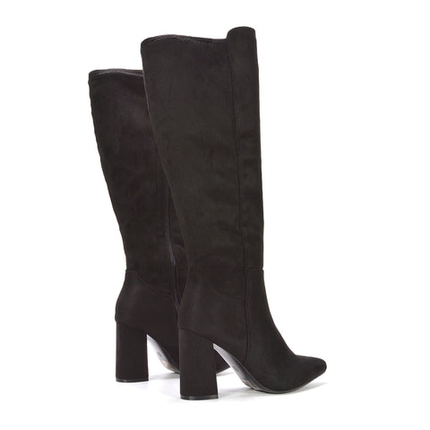 heeled long boots for women, dressy high boots for work and evening wear, everyday heeled boots for smart casual outfits, soft lining winter boots, fall fashion heeled boots, classic black heeled boots, black faux leather long boots for chic look,  black boots for winter and fall fashion, jet black block heel boots, classic black knee boots for winter wardrobe
