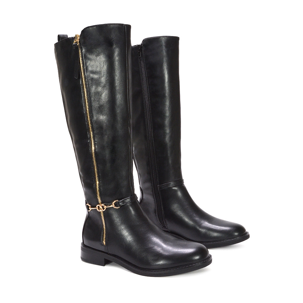 Faux leather knee-high boots, Flat heel black boots, Vegan leather knee-high boots, Dressy black boots for women