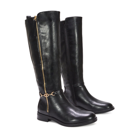 Faux leather knee-high boots, Flat heel black boots, Vegan leather knee-high boots, Dressy black boots for women
